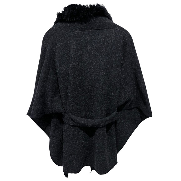 Jones New York Faux Fur Cape Poncho Wrap Belted One Size Black Gray Elegant - Picture 2 of 5